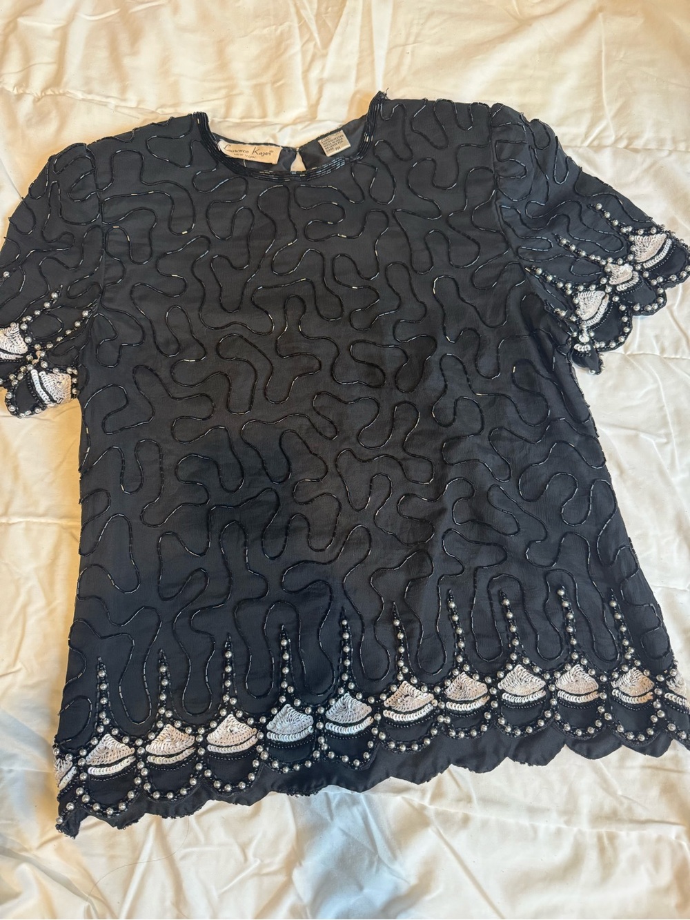 Laurence Kazar Silk Black Beaded Short-Sleeve Embellished Blouse Top